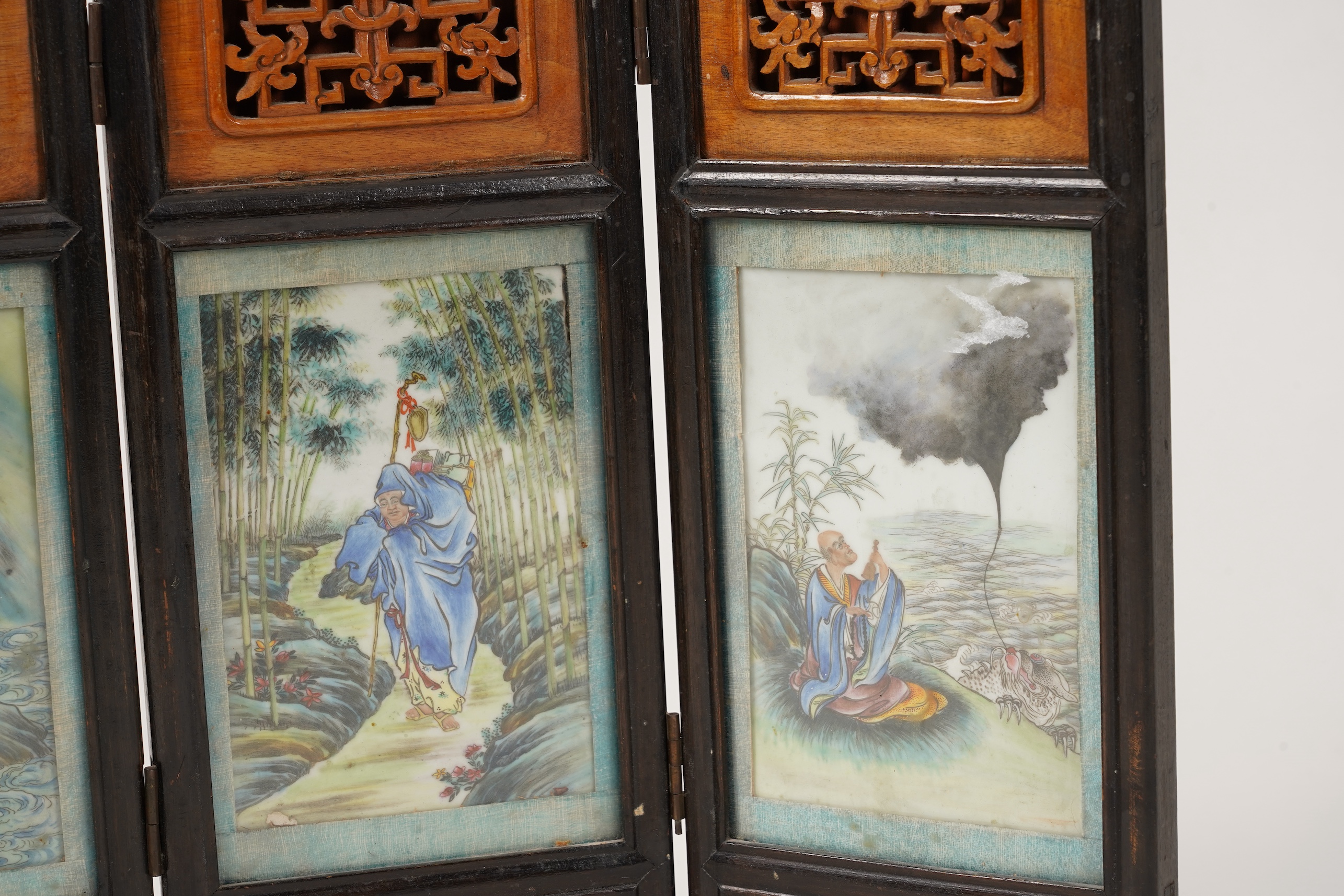A Chinese porcelain plaque inset four fold table screen, Republic period